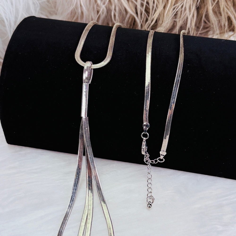 Super long, Silvertone metal fringe necklace for back.